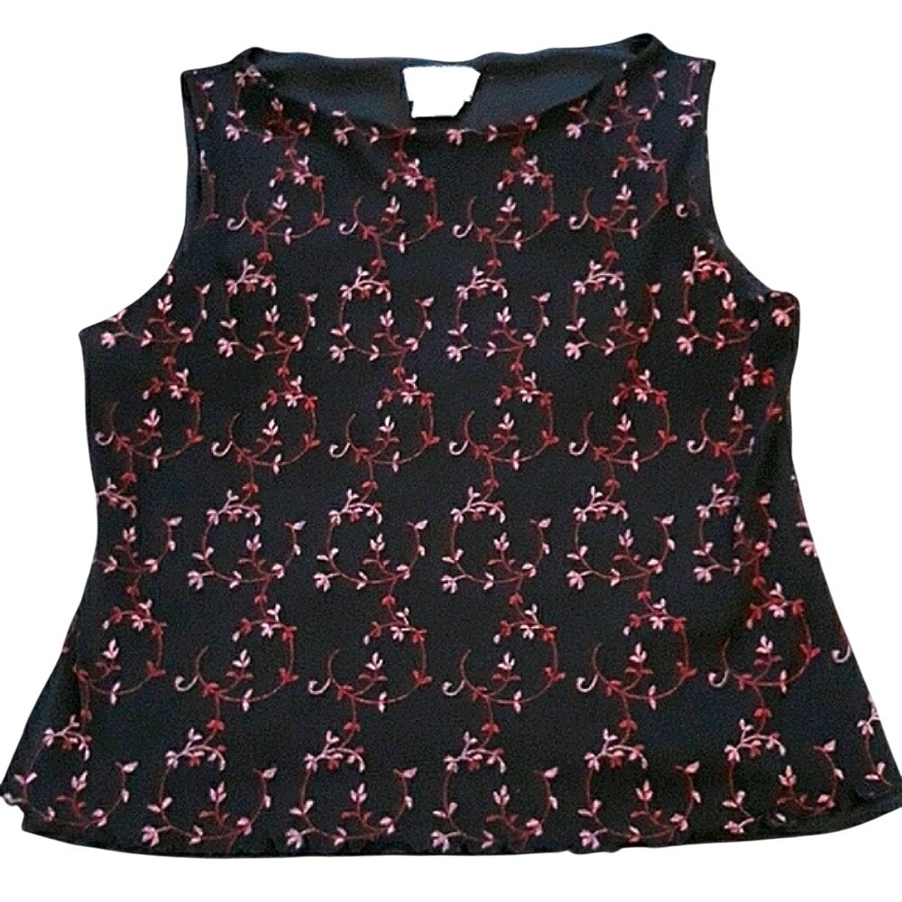 AGB Byer California Black Pink‎ Floral Embroidered Sleeveless Top XL Made in USA